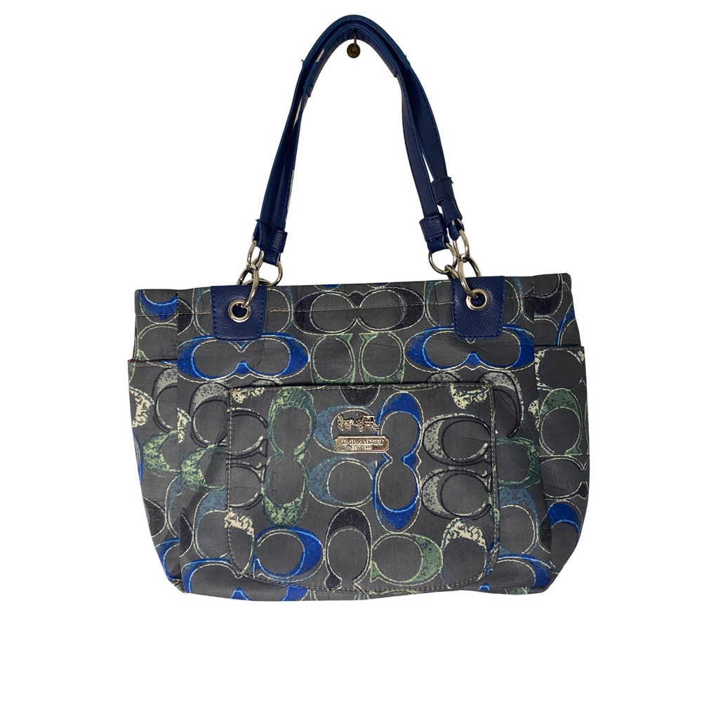 Coach Poppy Signature C Logo Tote Shoulder Bag Blue Green Satin